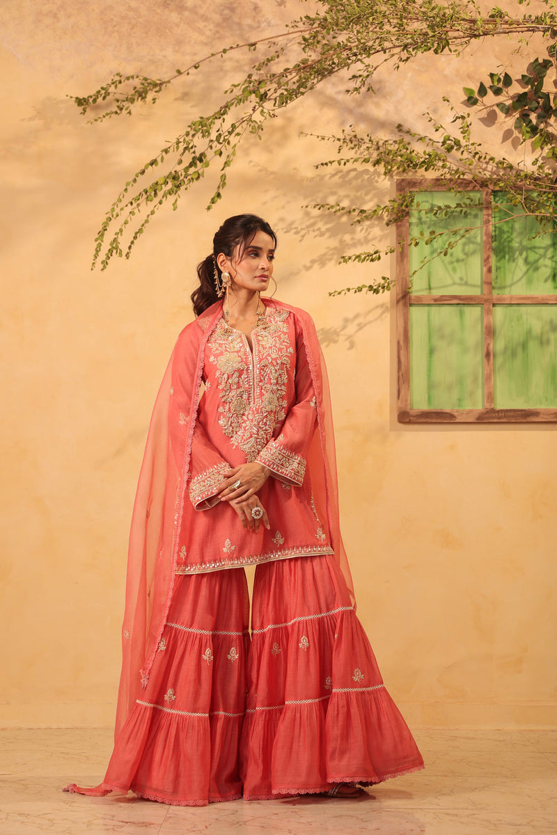 Vaayu Pink Sharara Set silk chanderi kurta/kurta set by Niti Bothra in pink for women in Singapore