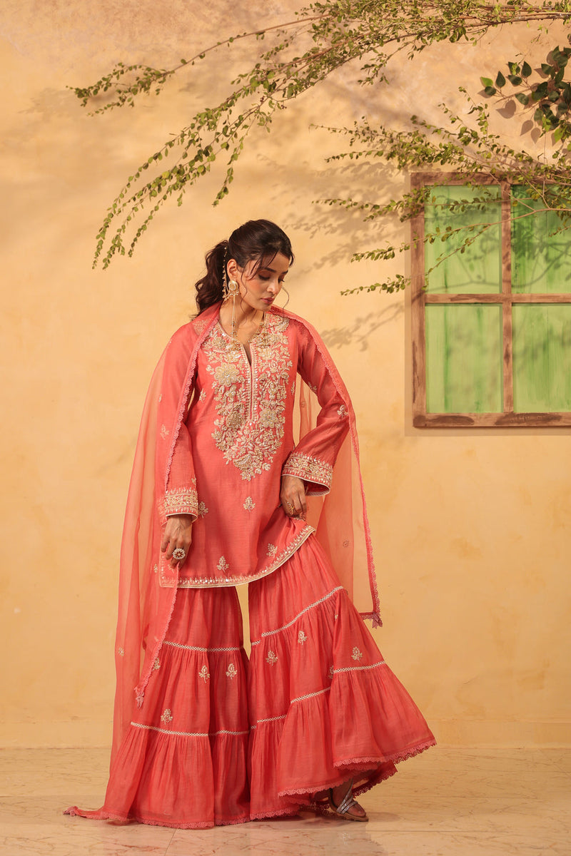 Vaayu Pink Sharara Set silk chanderi kurta/kurta set by Niti Bothra in pink for women in Singapore