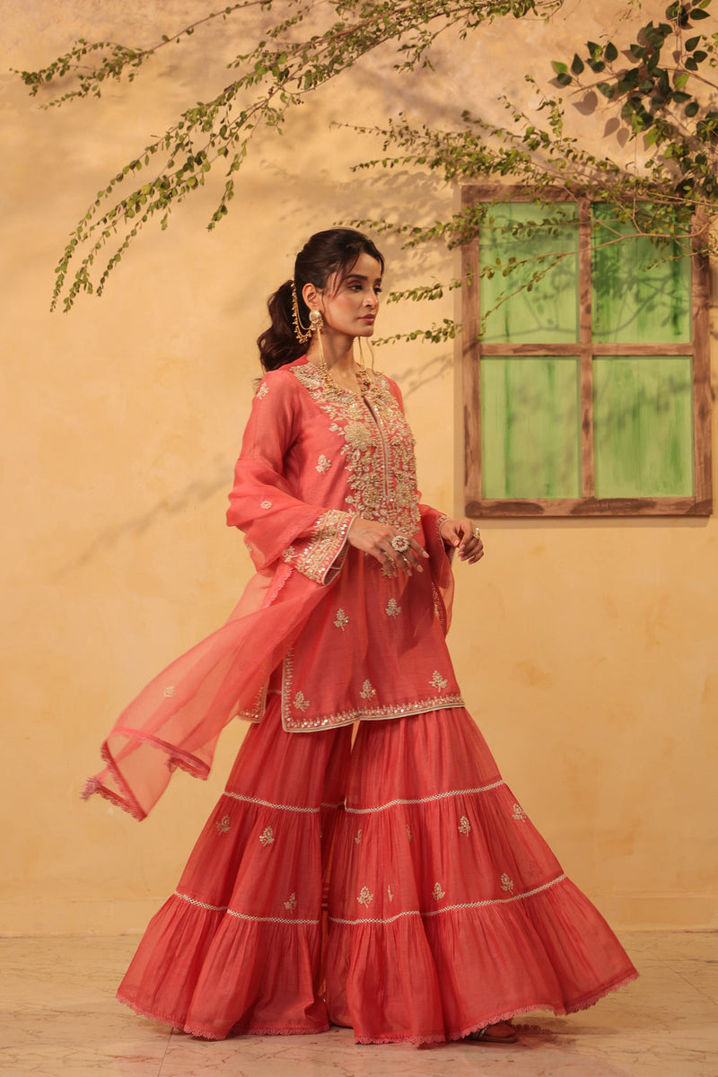 Vaayu Pink Sharara Set silk chanderi kurta/kurta set by Niti Bothra in pink for women in Singapore