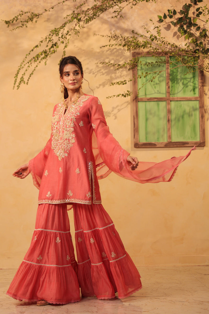 Vaayu Pink Sharara Set silk chanderi kurta/kurta set by Niti Bothra in pink for women in Singapore