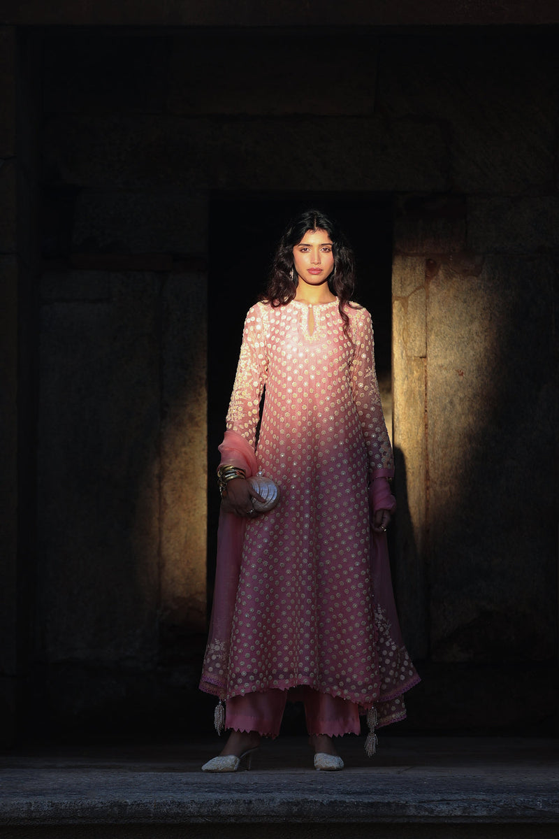 Vaayu Pink Buti Kurta Set organza , silk tencel kurta/kurta set by Niti Bothra in pink for women in Singapore