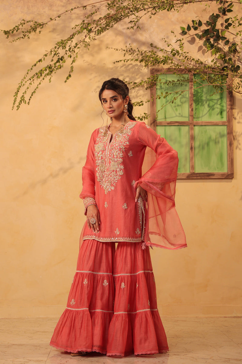 Vaayu Pink Sharara Set silk chanderi kurta/kurta set by Niti Bothra in pink for women in Singapore
