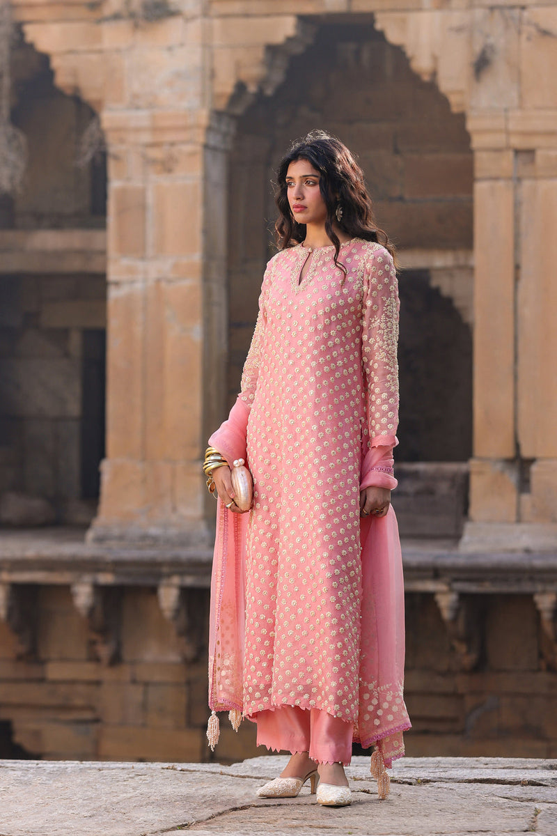 Vaayu Pink Buti Kurta Set organza , silk tencel kurta/kurta set by Niti Bothra in pink for women in Singapore