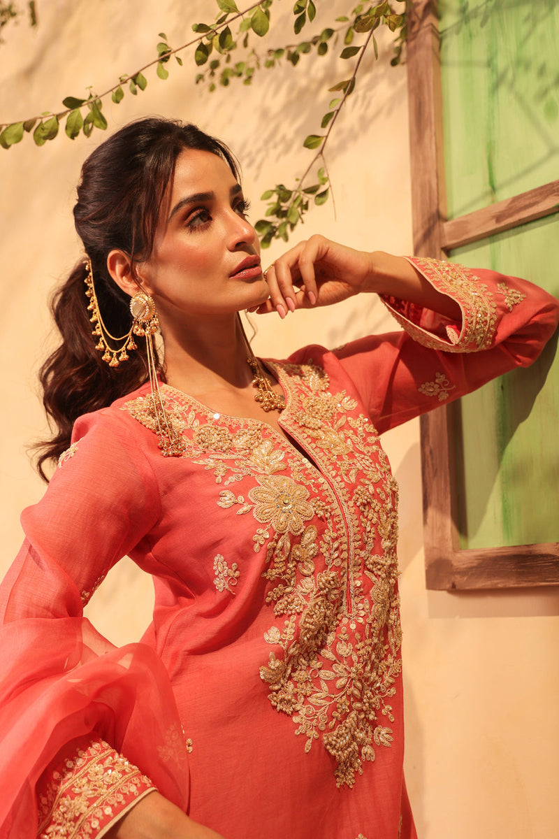 Vaayu Pink Sharara Set silk chanderi kurta/kurta set by Niti Bothra in pink for women in Singapore