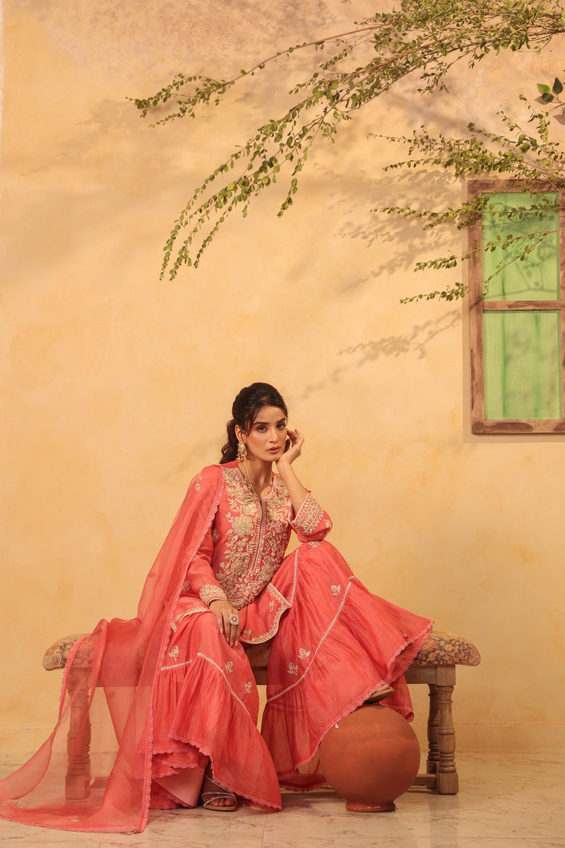 Vaayu Pink Sharara Set silk chanderi kurta/kurta set by Niti Bothra in pink for women in Singapore