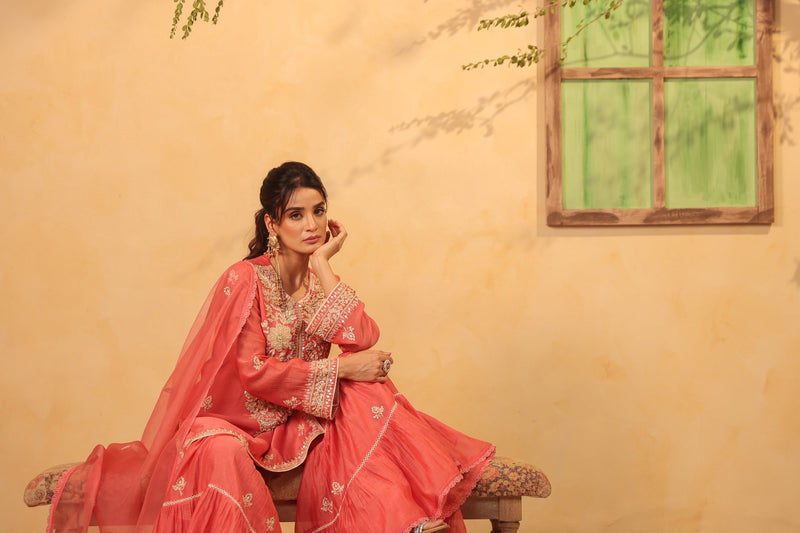 Vaayu Pink Sharara Set silk chanderi kurta/kurta set by Niti Bothra in pink for women in Singapore