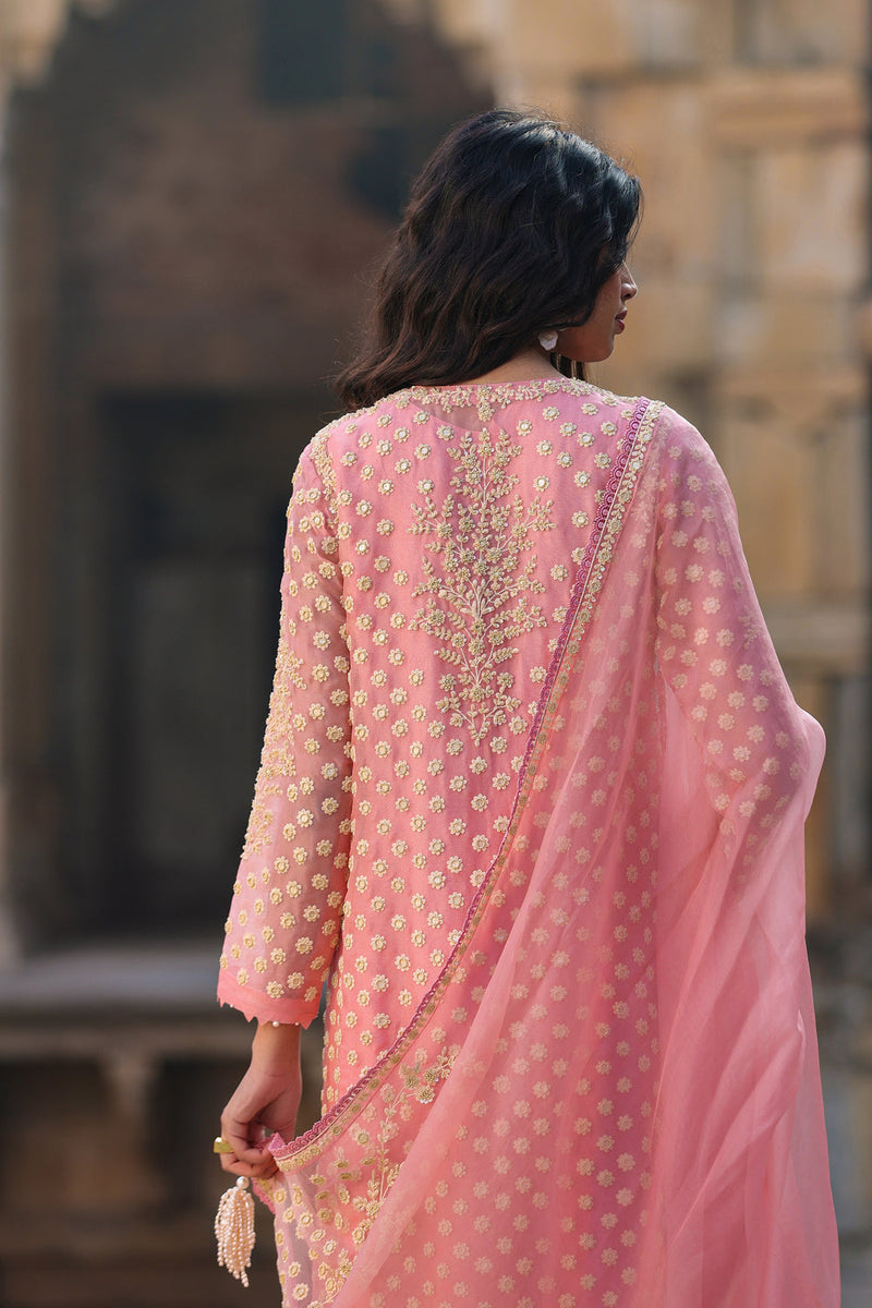 Vaayu Pink Buti Kurta Set organza , silk tencel kurta/kurta set by Niti Bothra in pink for women in Singapore