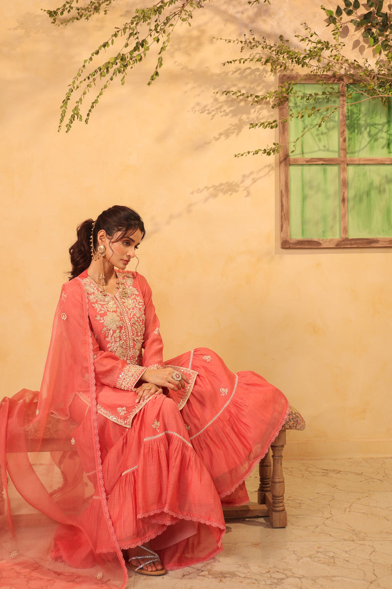 Vaayu Pink Sharara Set silk chanderi kurta/kurta set by Niti Bothra in pink for women in Singapore