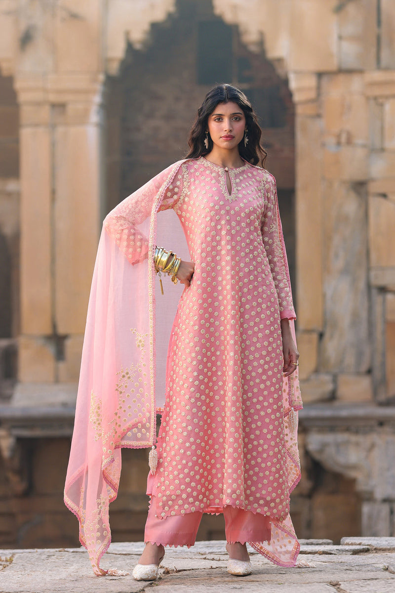 Vaayu Pink Buti Kurta Set organza , silk tencel kurta/kurta set by Niti Bothra in pink for women in Singapore