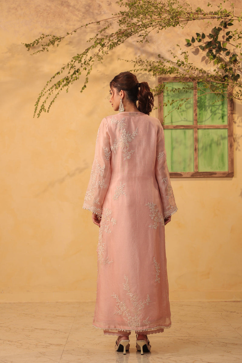 Vaayu Light Pink jaal straight kurta Set organza , silk tencel kurta/kurta set by Niti Bothra in light pink for women in Singapore