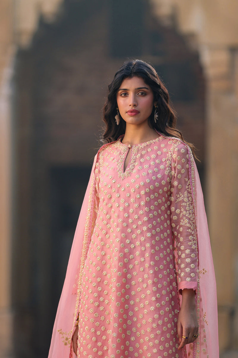 Vaayu Pink Buti Kurta Set organza , silk tencel kurta/kurta set by Niti Bothra in pink for women in Singapore