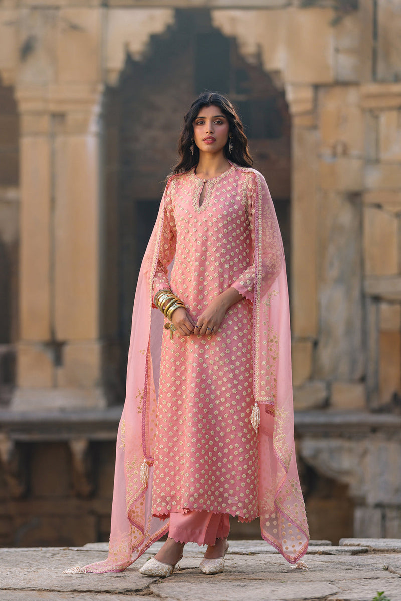 Vaayu Pink Buti Kurta Set organza , silk tencel kurta/kurta set by Niti Bothra in pink for women in Singapore