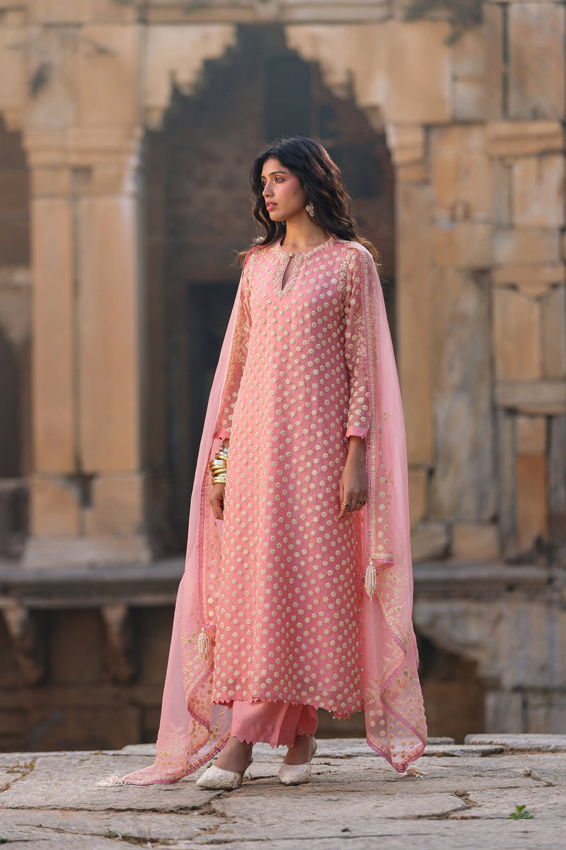Vaayu Pink Buti Kurta Set organza , silk tencel kurta/kurta set by Niti Bothra in pink for women in Singapore