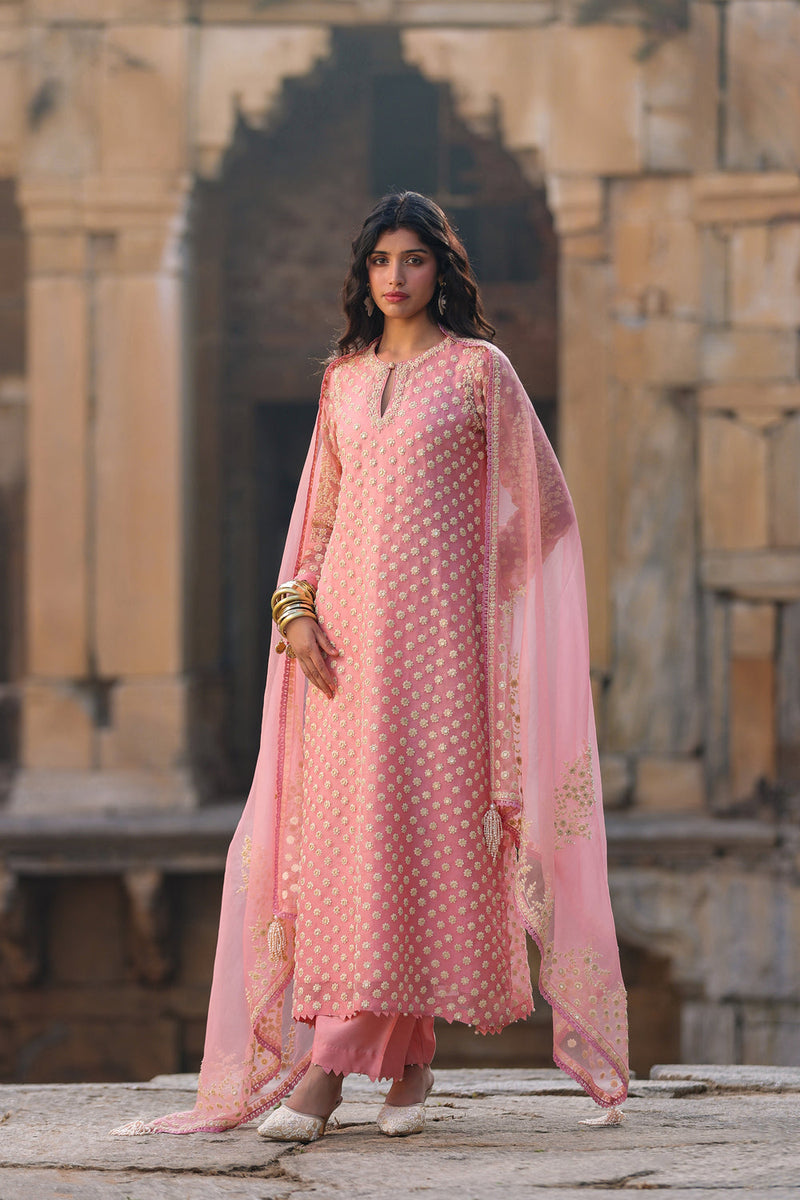 Vaayu Pink Buti Kurta Set organza , silk tencel kurta/kurta set by Niti Bothra in pink for women in Singapore