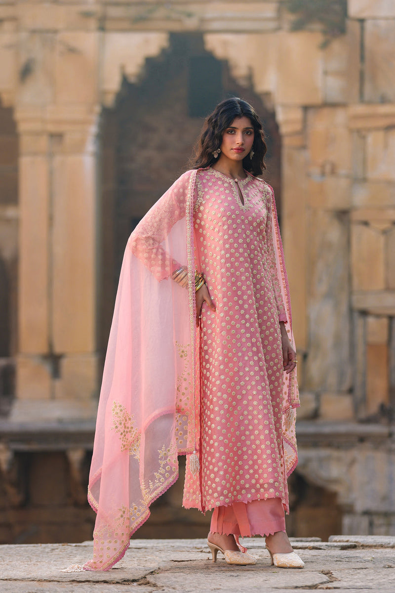 Vaayu Pink Buti Kurta Set organza , silk tencel kurta/kurta set by Niti Bothra in pink for women in Singapore