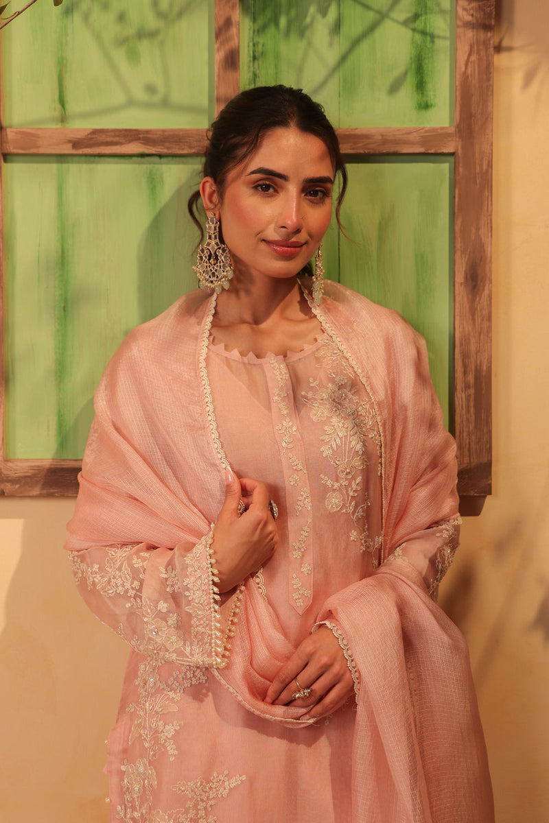 Vaayu Light Pink jaal straight kurta Set organza , silk tencel kurta/kurta set by Niti Bothra in light pink for women in Singapore