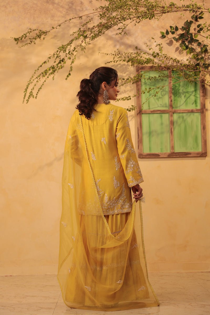 Vaayu Yellow Heavy Sharara Set silk chanderi kurta/kurta set by Niti Bothra in yellow for women in Singapore