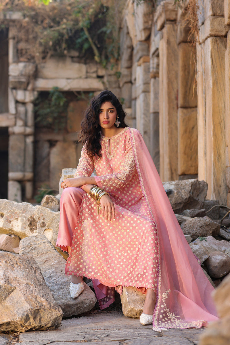 Vaayu Pink Buti Kurta Set organza , silk tencel kurta/kurta set by Niti Bothra in pink for women in Singapore