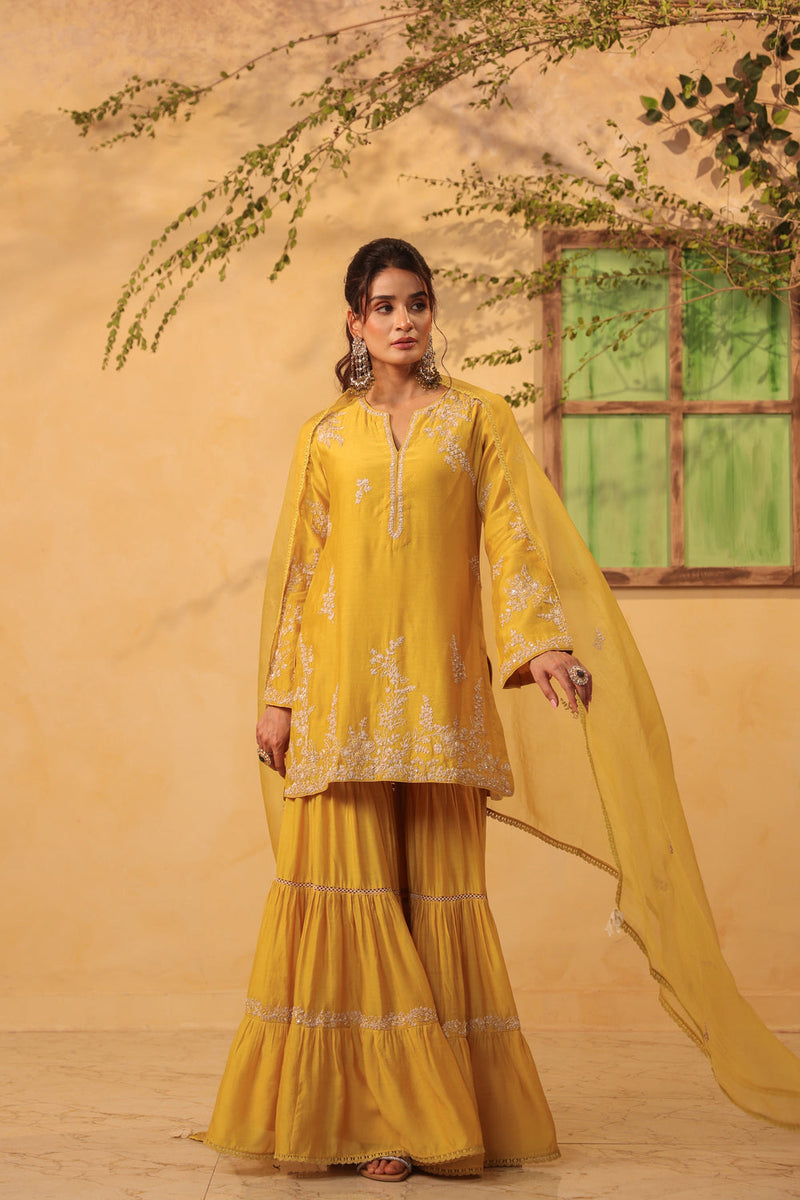 Vaayu Yellow Heavy Sharara Set silk chanderi kurta/kurta set by Niti Bothra in yellow for women in Singapore