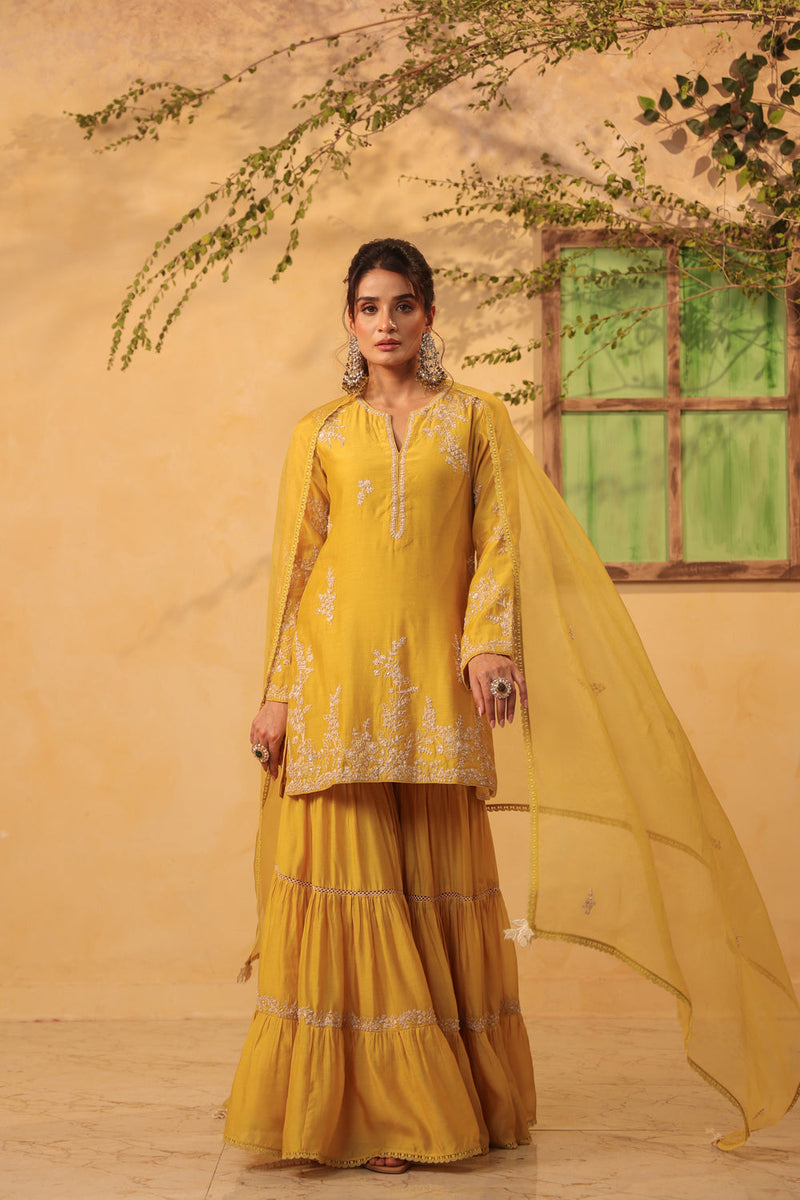 Vaayu Yellow Heavy Sharara Set silk chanderi kurta/kurta set by Niti Bothra in yellow for women in Singapore