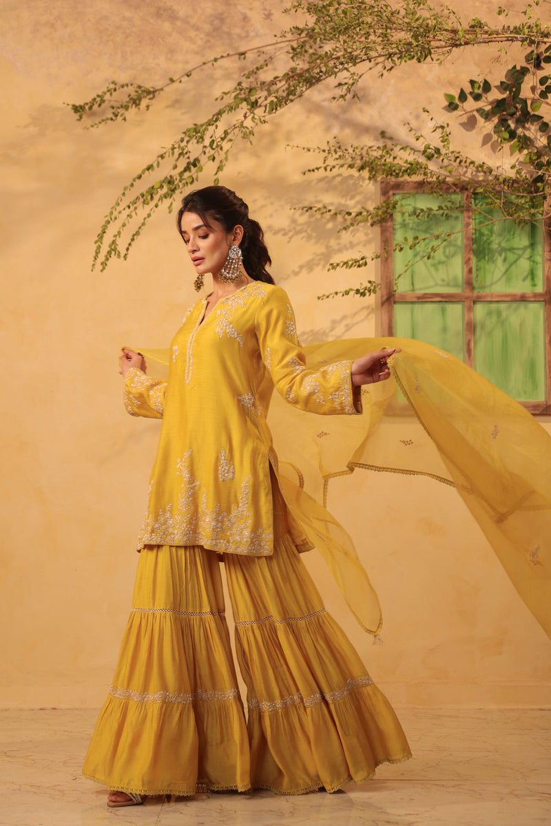 Vaayu Yellow Heavy Sharara Set silk chanderi kurta/kurta set by Niti Bothra in yellow for women in Singapore