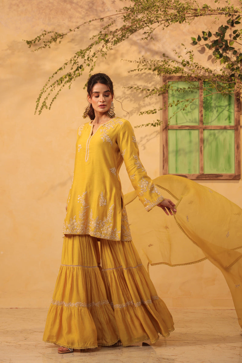 Vaayu Yellow Heavy Sharara Set silk chanderi kurta/kurta set by Niti Bothra in yellow for women in Singapore