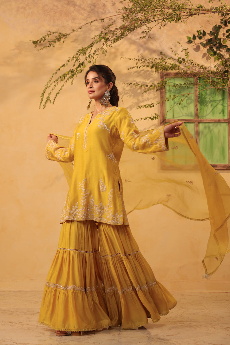Vaayu Yellow Heavy Sharara Set silk chanderi kurta/kurta set by Niti Bothra in yellow for women in Singapore