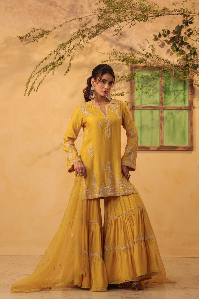 Vaayu Yellow Heavy Sharara Set silk chanderi kurta/kurta set by Niti Bothra in yellow for women in Singapore