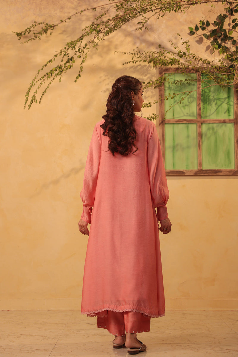 Vaayu Pink Jacket Style Kurta Set silk chanderi , silk tencel kurta/kurta set by Niti Bothra in pink for women in Singapore