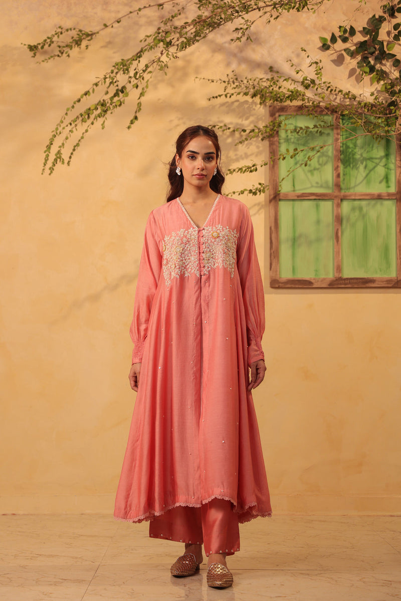Vaayu Pink Jacket Style Kurta Set silk chanderi , silk tencel kurta/kurta set by Niti Bothra in pink for women in Singapore