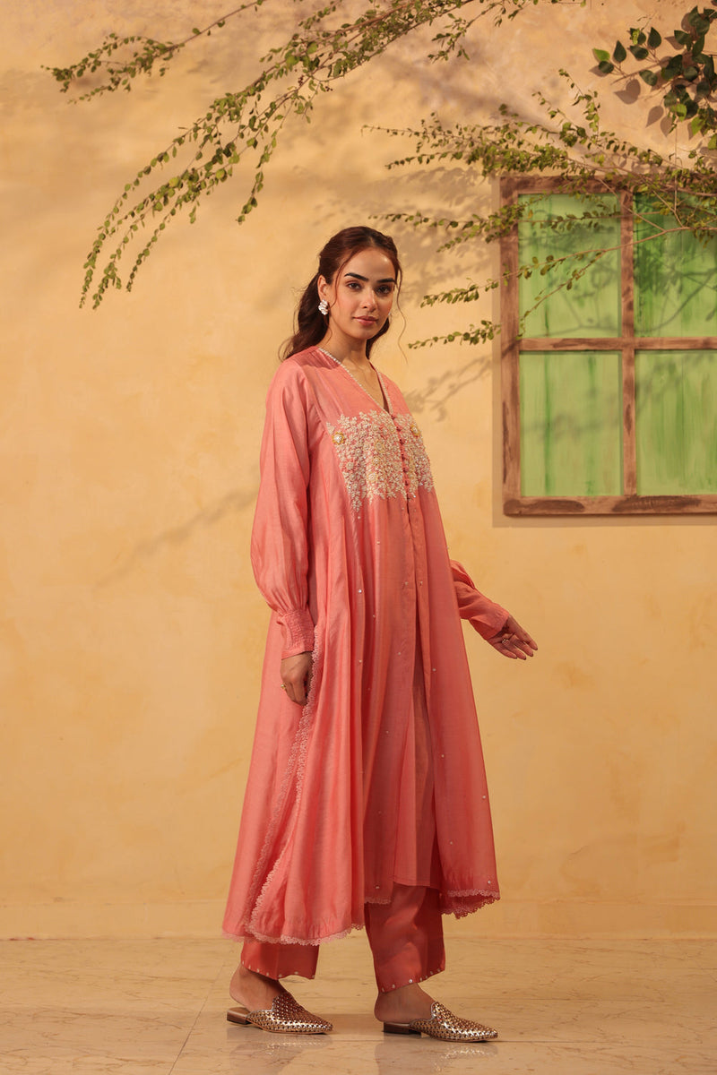 Vaayu Pink Jacket Style Kurta Set silk chanderi , silk tencel kurta/kurta set by Niti Bothra in pink for women in Singapore
