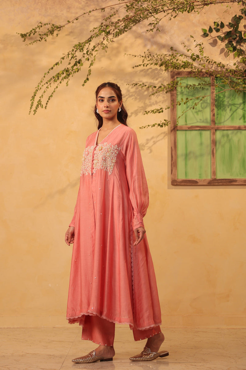 Vaayu Pink Jacket Style Kurta Set silk chanderi , silk tencel kurta/kurta set by Niti Bothra in pink for women in Singapore