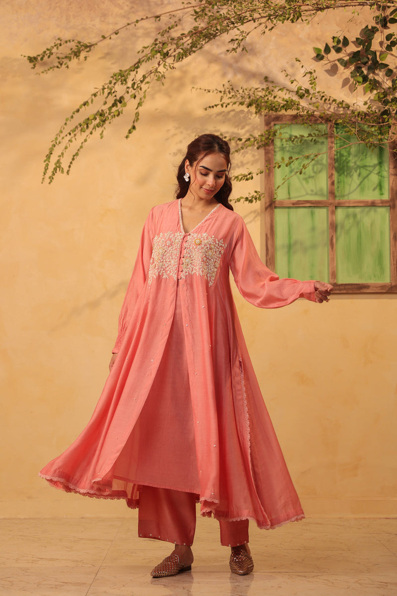Vaayu Pink Jacket Style Kurta Set silk chanderi , silk tencel kurta/kurta set by Niti Bothra in pink for women in Singapore