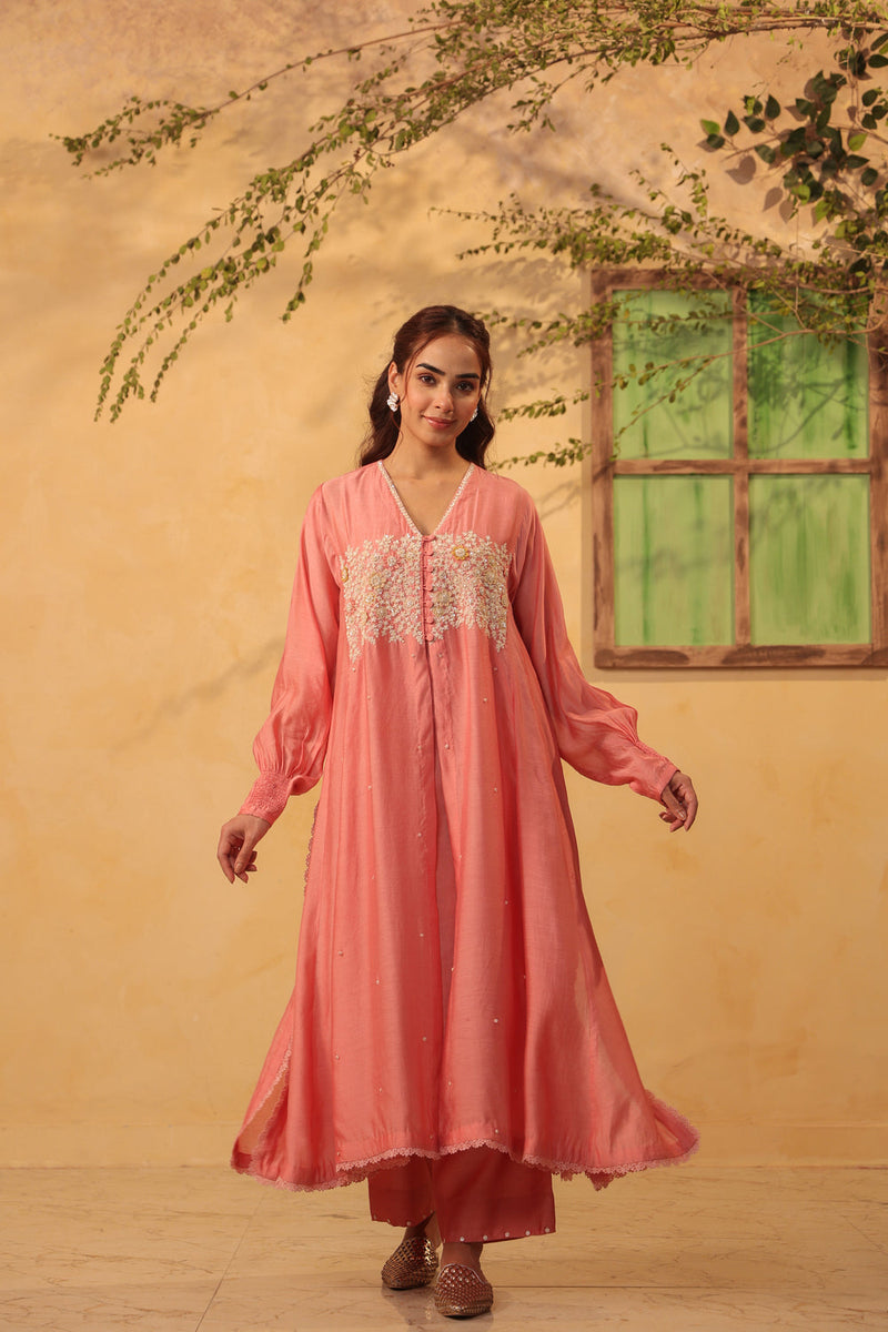 Vaayu Pink Jacket Style Kurta Set silk chanderi , silk tencel kurta/kurta set by Niti Bothra in pink for women in Singapore
