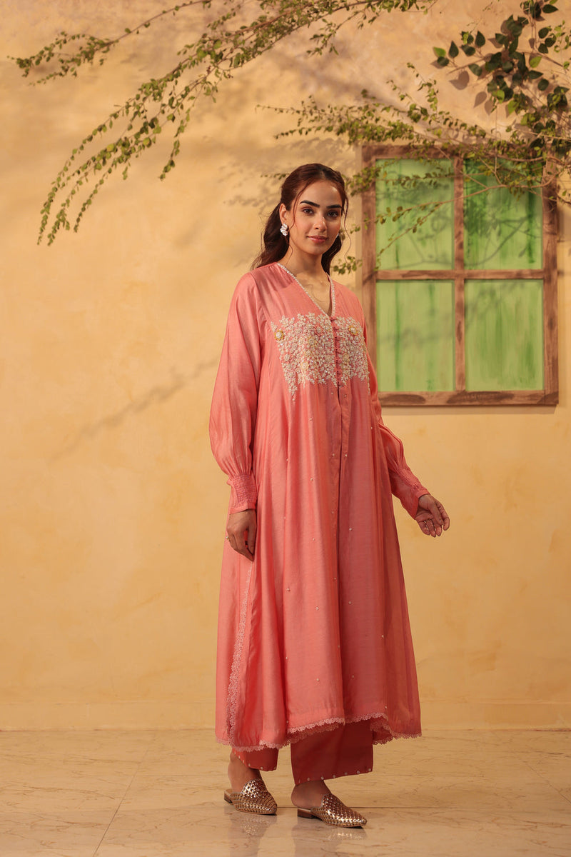 Vaayu Pink Jacket Style Kurta Set silk chanderi , silk tencel kurta/kurta set by Niti Bothra in pink for women in Singapore