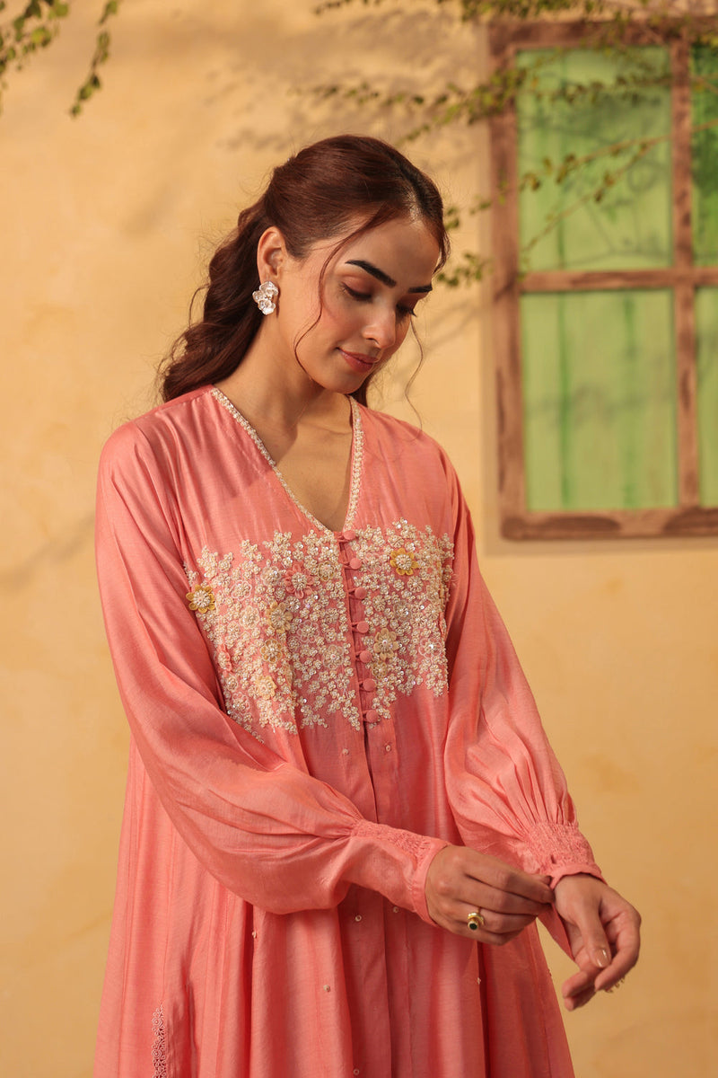 Vaayu Pink Jacket Style Kurta Set silk chanderi , silk tencel kurta/kurta set by Niti Bothra in pink for women in Singapore