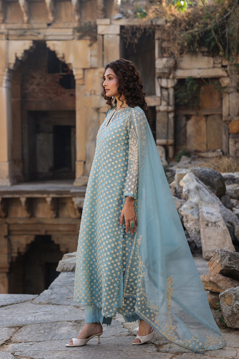 Vaayu Light Blue Buti Kurta Set organza , silk tencel kurta/kurta set by Niti Bothra in light blue for women in Singapore