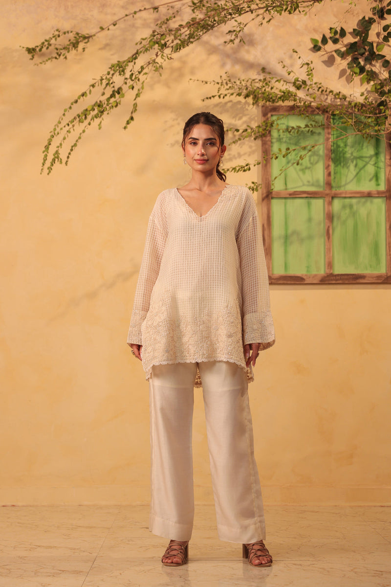Vaayu Ivory Heavy Applique Co-Ord Set silk chanderi , silk tencel kurta/kurta set by Niti Bothra in ivory for women in Singapore