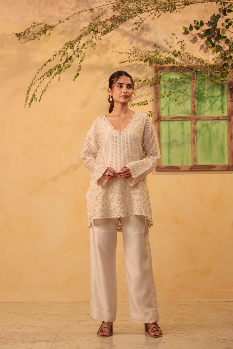 Vaayu Ivory Heavy Applique Co-Ord Set silk chanderi , silk tencel kurta/kurta set by Niti Bothra in ivory for women in Singapore