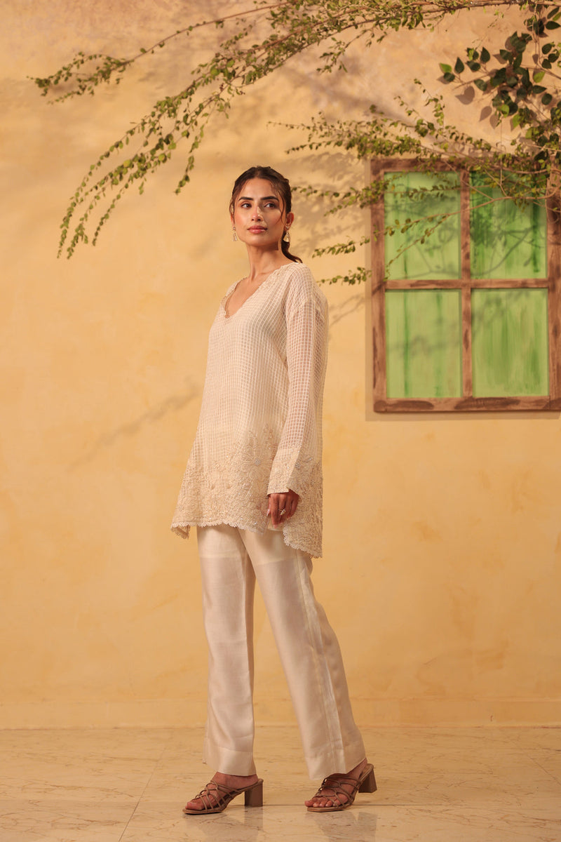 Vaayu Ivory Heavy Applique Co-Ord Set silk chanderi , silk tencel kurta/kurta set by Niti Bothra in ivory for women in Singapore