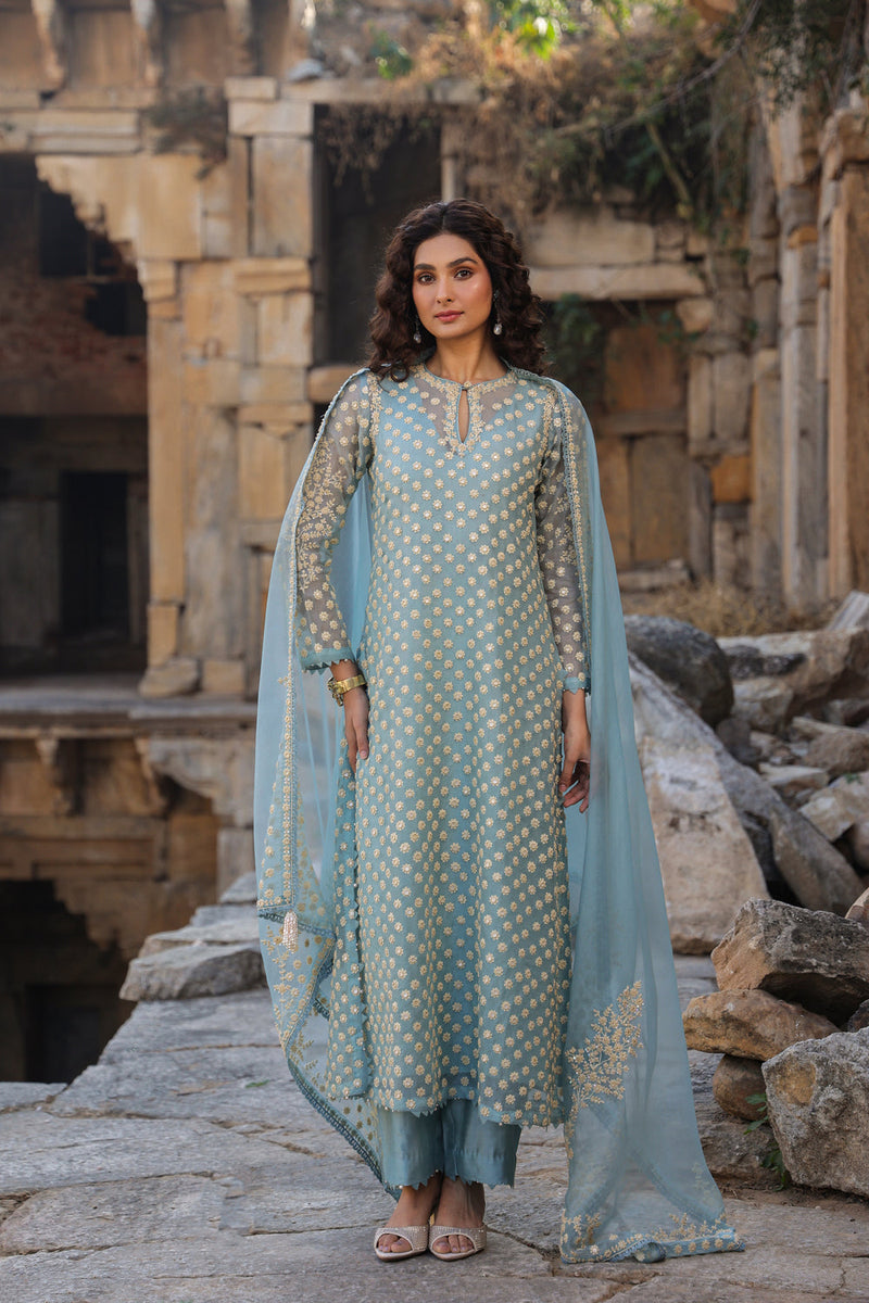 Vaayu Light Blue Buti Kurta Set organza , silk tencel kurta/kurta set by Niti Bothra in light blue for women in Singapore