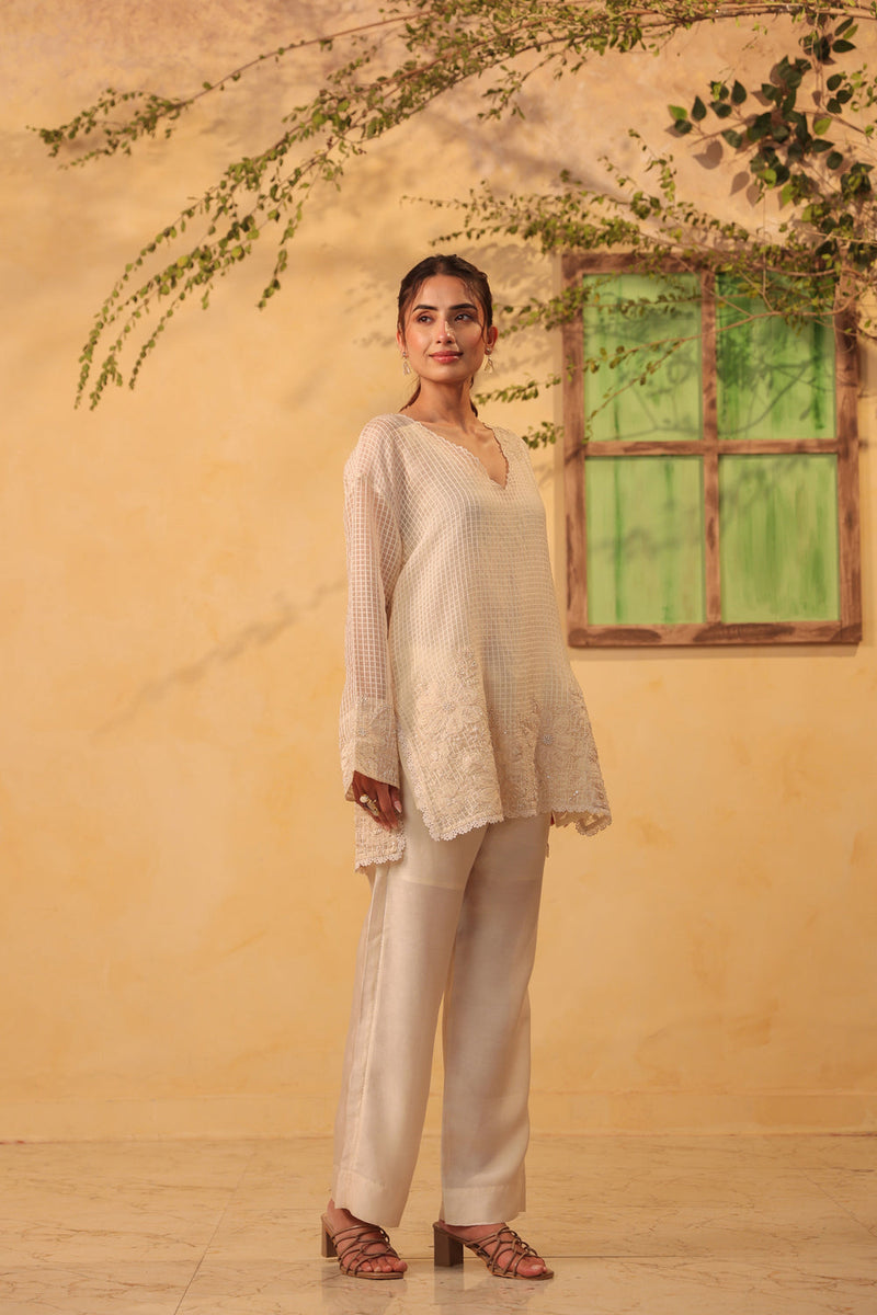 Vaayu Ivory Heavy Applique Co-Ord Set silk chanderi , silk tencel kurta/kurta set by Niti Bothra in ivory for women in Singapore