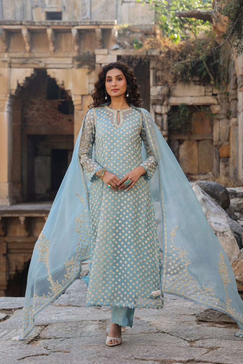 Vaayu Light Blue Buti Kurta Set organza , silk tencel kurta/kurta set by Niti Bothra in light blue for women in Singapore
