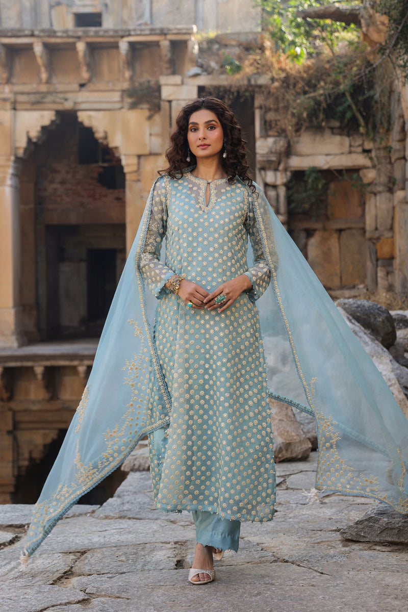 Vaayu Light Blue Buti Kurta Set organza , silk tencel kurta/kurta set by Niti Bothra in light blue for women in Singapore