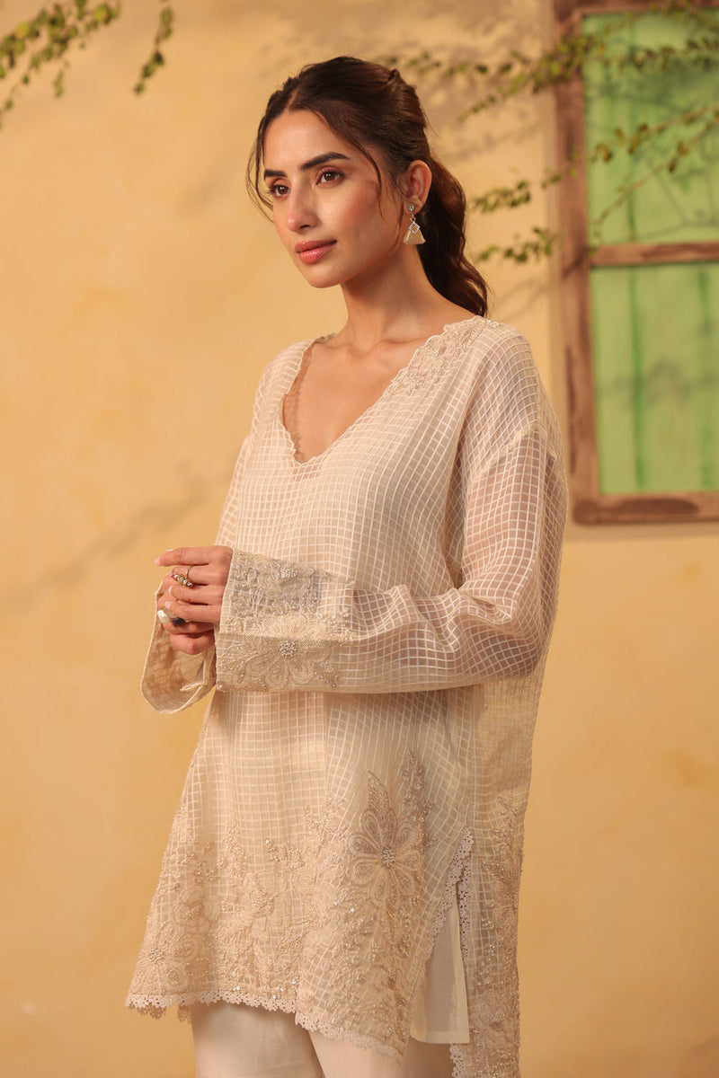 Vaayu Ivory Heavy Applique Co-Ord Set silk chanderi , silk tencel kurta/kurta set by Niti Bothra in ivory for women in Singapore