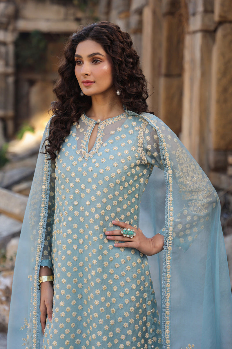 Vaayu Light Blue Buti Kurta Set organza , silk tencel kurta/kurta set by Niti Bothra in light blue for women in Singapore