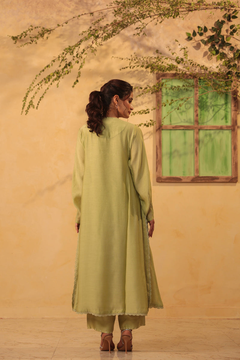 Vaayu Green Jacket Style Kurta Set silk chanderi , silk tencel kurta/kurta set by Niti Bothra in green for women in Singapore
