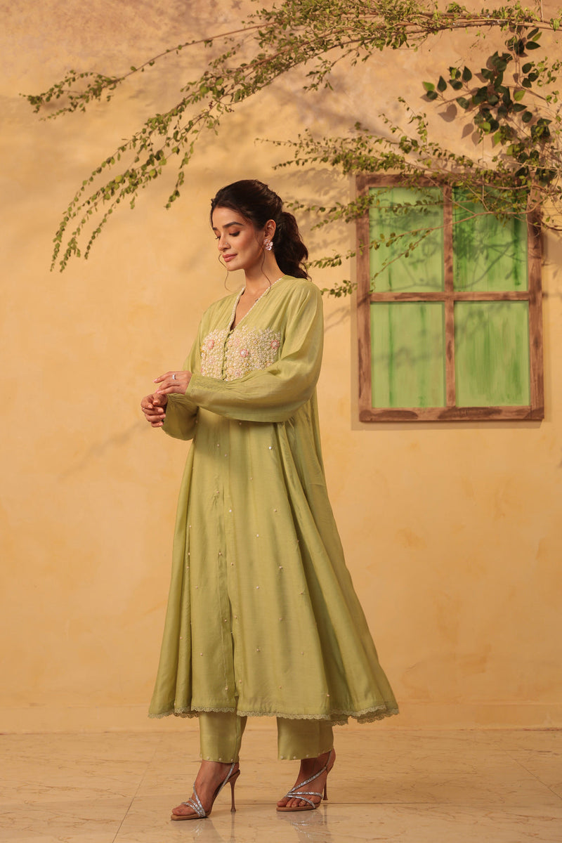 Vaayu Green Jacket Style Kurta Set silk chanderi , silk tencel kurta/kurta set by Niti Bothra in green for women in Singapore