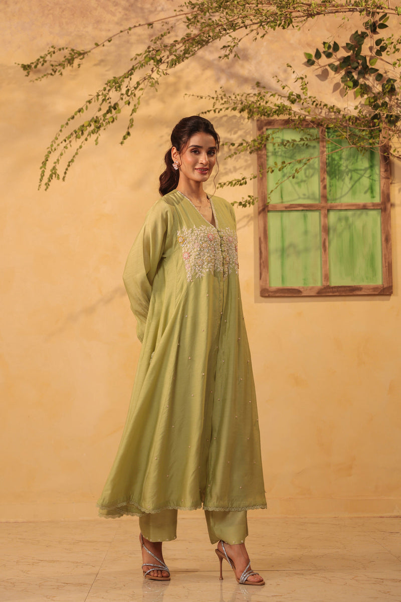 Vaayu Green Jacket Style Kurta Set silk chanderi , silk tencel kurta/kurta set by Niti Bothra in green for women in Singapore