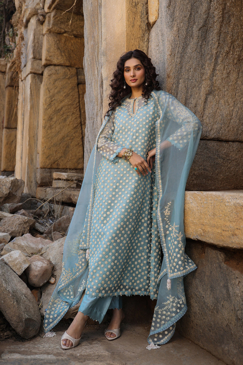 Vaayu Light Blue Buti Kurta Set organza , silk tencel kurta/kurta set by Niti Bothra in light blue for women in Singapore